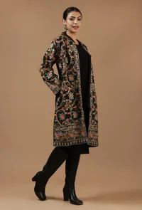 Black Kashmiri Aari Embroidered Woollen Long Jacket image 4