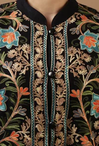 Black Kashmiri Aari Embroidered Woollen Long Jacket image 6