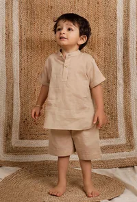 Set Of 2: Beige Mul Mul Short Kurta With  Short image 1