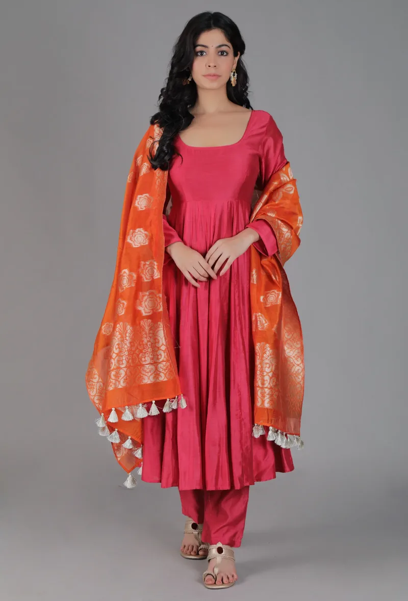 Tangerine Orange Chanderi Brocade Dupatta