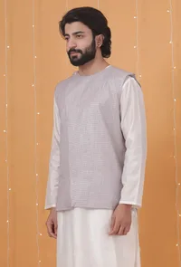 Lavender Chanderi Slant Overlapped Checkered Nehru Jacket image 2