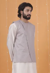 Lavender Chanderi Slant Overlapped Checkered Nehru Jacket image 3