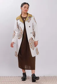 Off White Floral Handblock Printed Trench Coat image 1