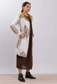 Off White Floral Handblock Printed Trench Coat image 2