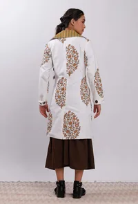 Off White Floral Handblock Printed Trench Coat image 4