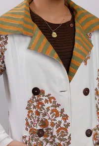 Off White Floral Handblock Printed Trench Coat image 5