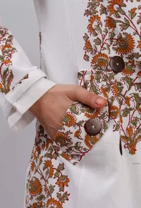 Off White Floral Handblock Printed Trench Coat image 6