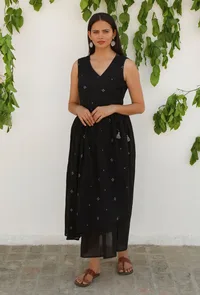 Black Jamdani Mulmul Asymmetrical Angrakha Kurta Dress image 1
