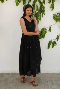 Black Jamdani Mulmul Asymmetrical Angrakha Kurta Dress image 2