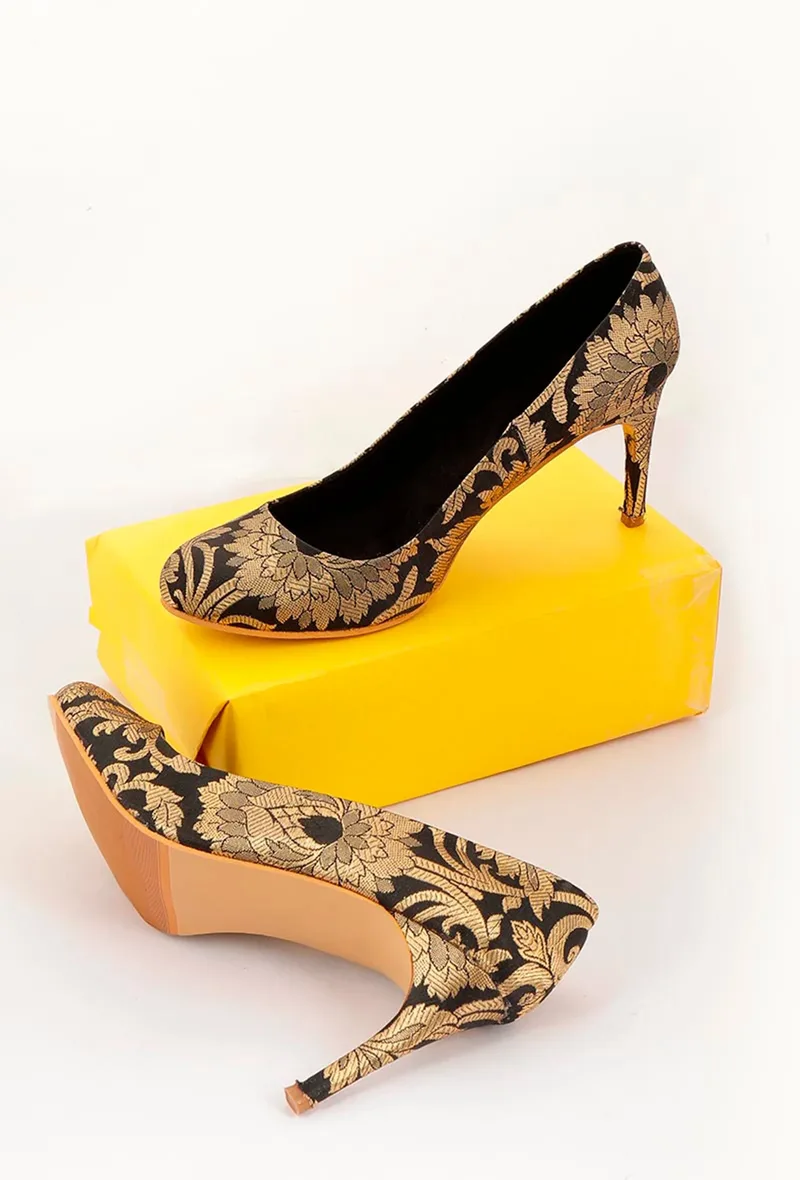 Black Brocade Pencil Heels