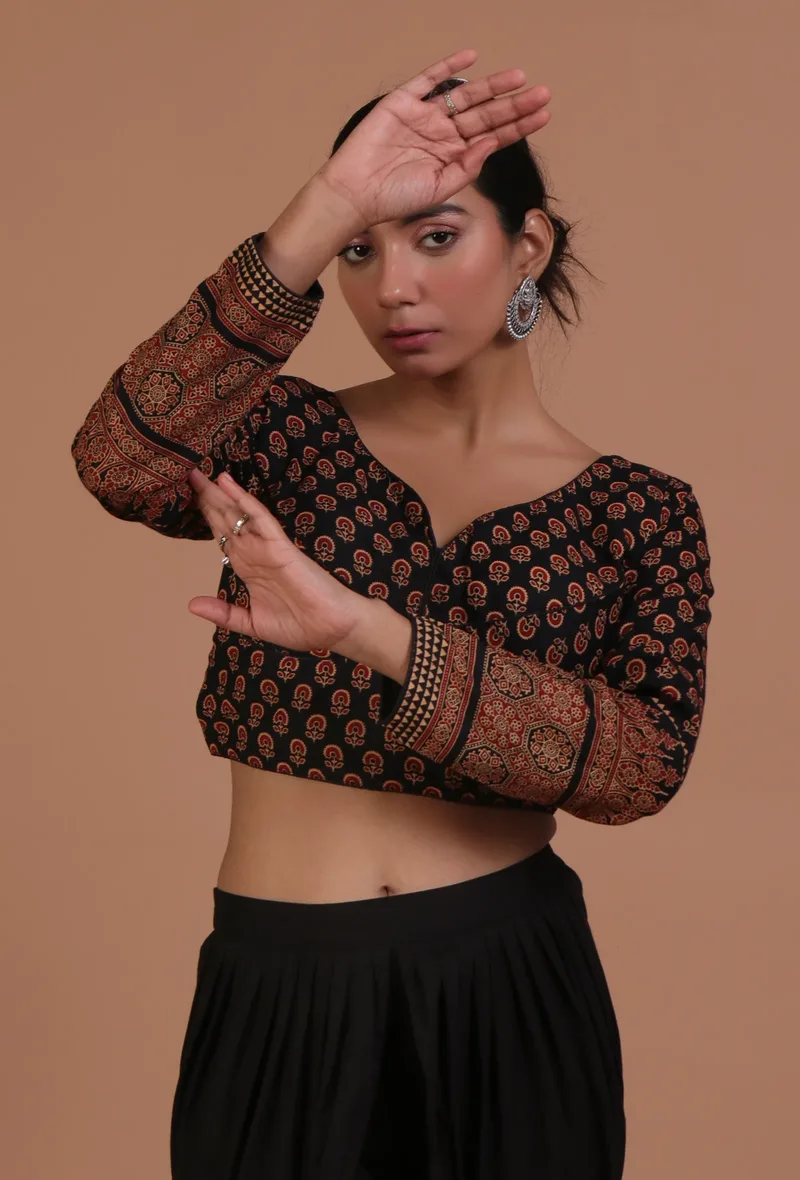 Black Cotton Ajrakh Printed Full Sleeve Blouse