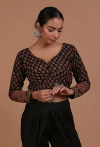 Black Cotton Ajrakh Printed Full Sleeve Blouse image 3