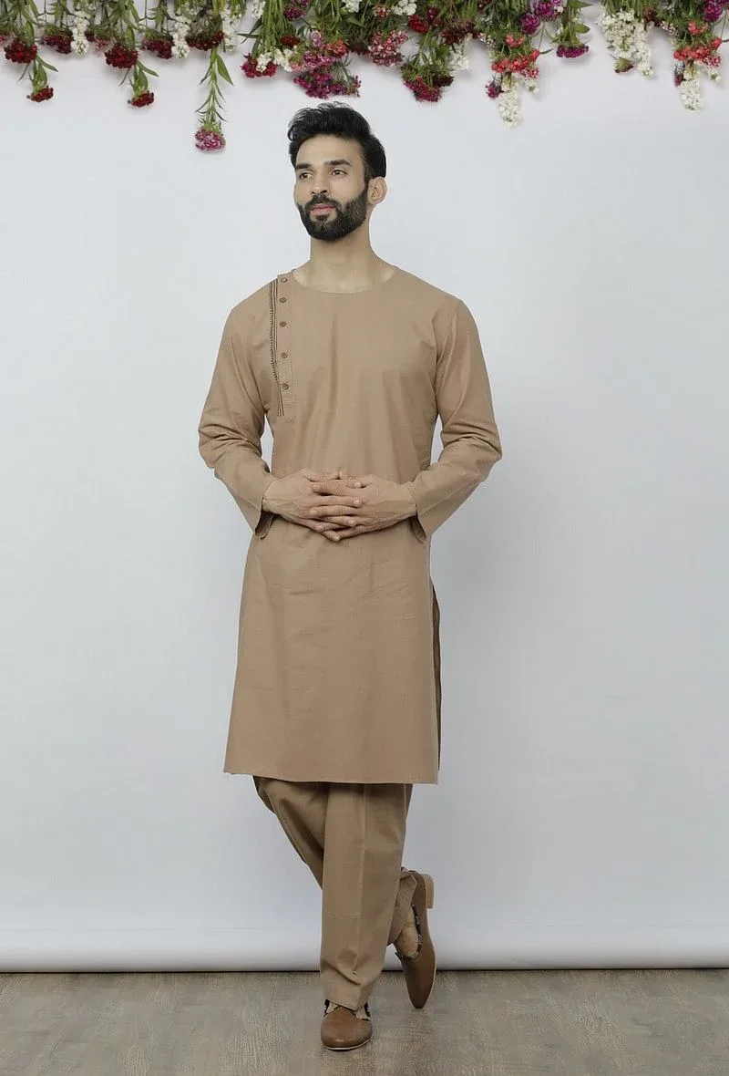 Set Of 2: Beige Side Placket Cotton Kurta And Pathani Salwar