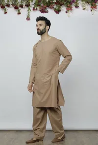 Set Of 2: Beige Side Placket Cotton Kurta And Pathani Salwar image 3