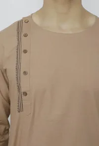 Set Of 2: Beige Side Placket Cotton Kurta And Pathani Salwar image 5