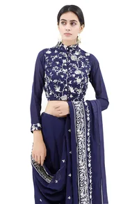 Navy Blue Parsi Embroidered Blouse With Sheer Sleeves image 1
