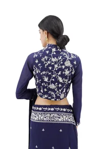 Navy Blue Parsi Embroidered Blouse With Sheer Sleeves image 3