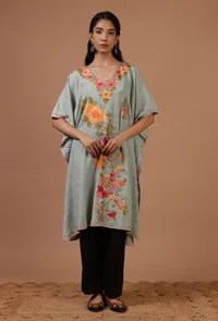 Teal Blue Cotton Crush Ari Embroidered Kaftan- Free Size image 1