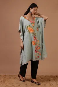 Teal Blue Cotton Crush Ari Embroidered Kaftan- Free Size image 2