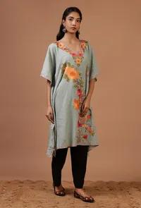 Teal Blue Cotton Crush Ari Embroidered Kaftan- Free Size image 3