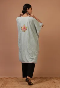 Teal Blue Cotton Crush Ari Embroidered Kaftan- Free Size image 4