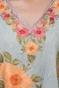 Teal Blue Cotton Crush Ari Embroidered Kaftan- Free Size image 5