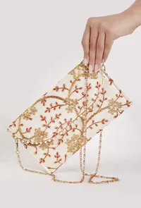 Snowy White Zari Embroidered Silk Envelope Clutch image 1