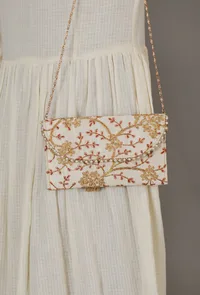 Snowy White Zari Embroidered Silk Envelope Clutch image 2