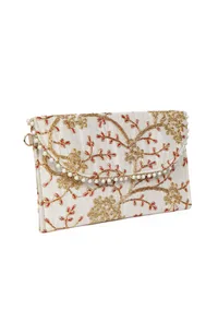 Snowy White Zari Embroidered Silk Envelope Clutch image 5