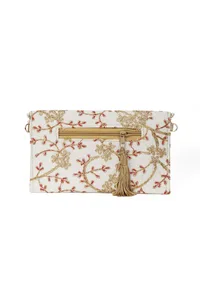 Snowy White Zari Embroidered Silk Envelope Clutch image 6