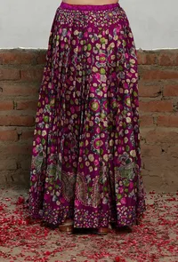 Plum Kalamkari Printed Cotton Silk Pleated Long Skirt image 1