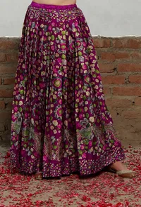 Plum Kalamkari Printed Cotton Silk Pleated Long Skirt image 2