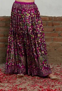 Plum Kalamkari Printed Cotton Silk Pleated Long Skirt image 3