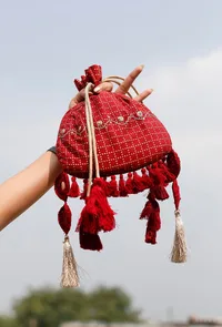 Scarlet Red Block Print Cotton Potli Bag image 1