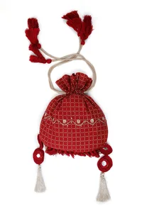 Scarlet Red Block Print Cotton Potli Bag image 3