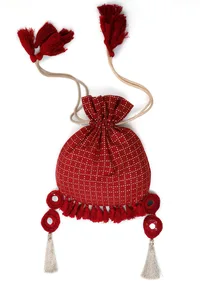 Scarlet Red Block Print Cotton Potli Bag image 4