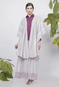 Set of 2: Lilac Hand-Block Printed Kaftan Styled Cotton Cape and Stripes Handblock Printed Flared Palazzo image 1