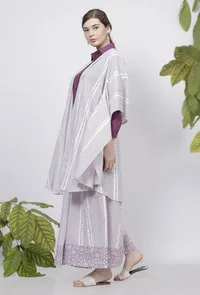 Set of 2: Lilac Hand-Block Printed Kaftan Styled Cotton Cape and Stripes Handblock Printed Flared Palazzo image 3