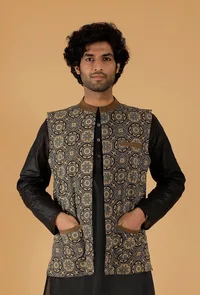 Olive Green Ajrakh Print Cotton Sleeveless Nehru Jacket With Pockets image 1