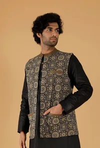 Olive Green Ajrakh Print Cotton Sleeveless Nehru Jacket With Pockets image 2