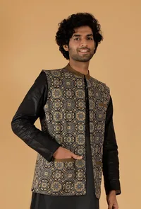 Olive Green Ajrakh Print Cotton Sleeveless Nehru Jacket With Pockets image 3