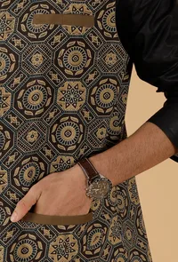Olive Green Ajrakh Print Cotton Sleeveless Nehru Jacket With Pockets image 6