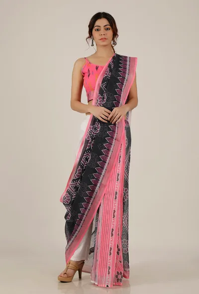 Set of 2: Pink and Blue Ikat Bandhani Linen Zari Saree with Blouse