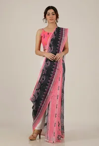 Set of 2: Pink and Blue Ikat Bandhani Linen Zari Saree with Blouse image 1