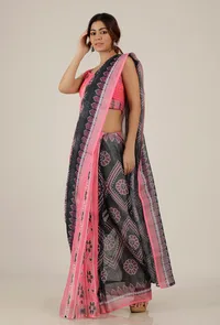Set of 2: Pink and Blue Ikat Bandhani Linen Zari Saree with Blouse image 2