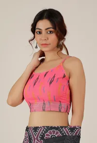 Set of 2: Pink and Blue Ikat Bandhani Linen Zari Saree with Blouse image 3