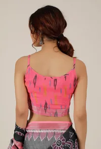 Set of 2: Pink and Blue Ikat Bandhani Linen Zari Saree with Blouse image 4