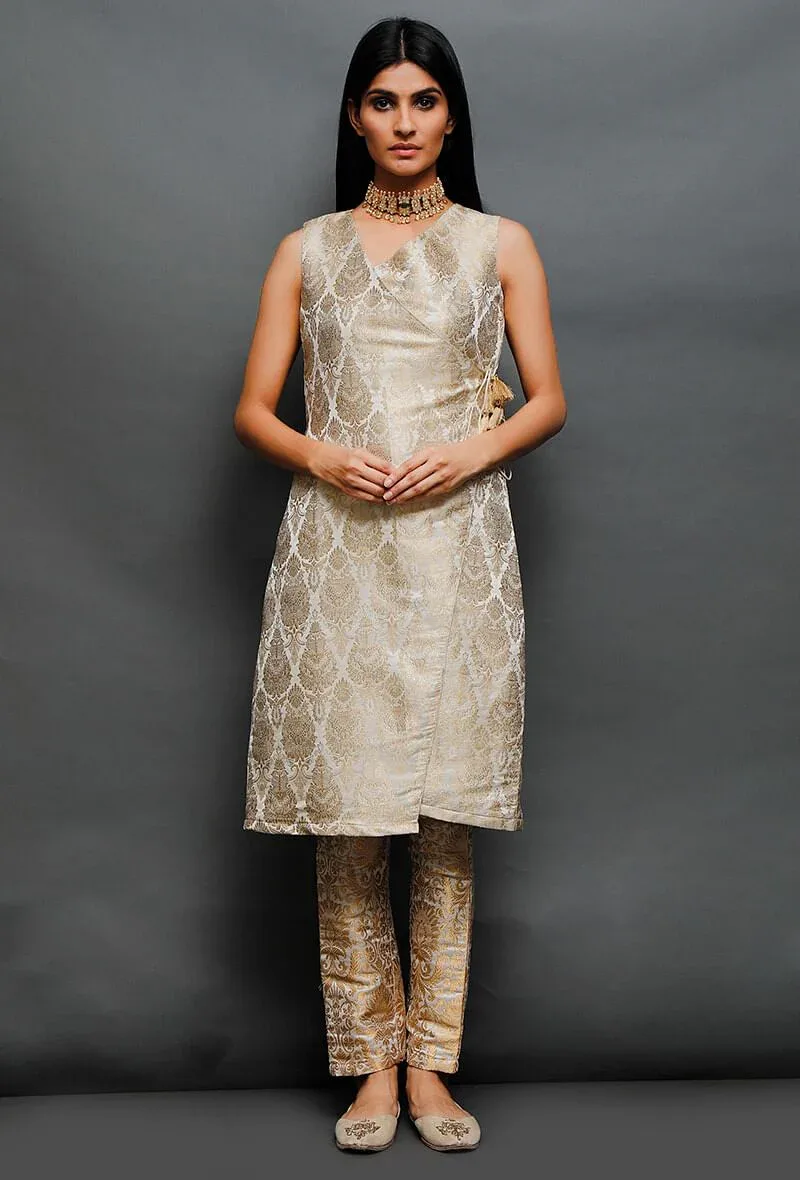 Off White Brocade Angrakha Kurta With Golden Tassel