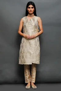 Off White Brocade Angrakha Kurta With Golden Tassel image 1