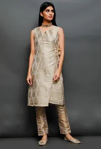 Off White Brocade Angrakha Kurta With Golden Tassel image 2